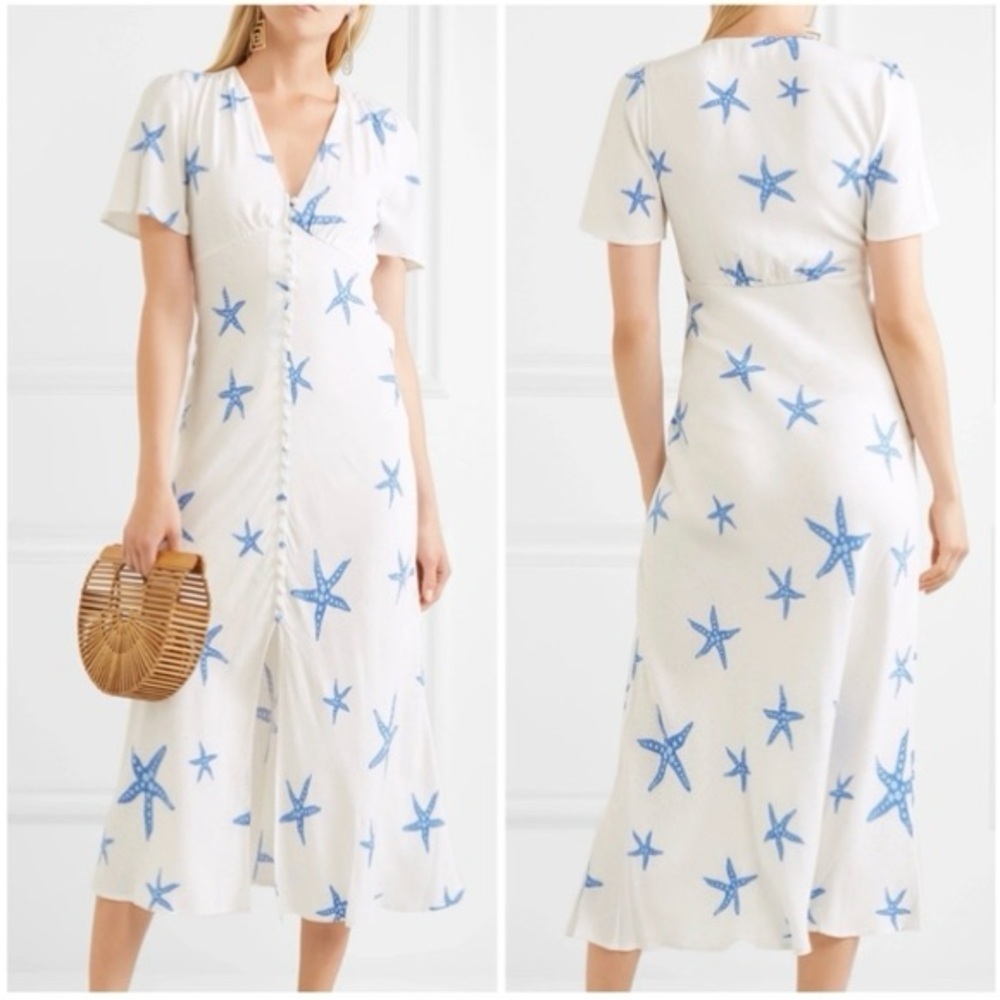 Rixo London Jade Starfish Printed Crepe de chine midi Dress Size M